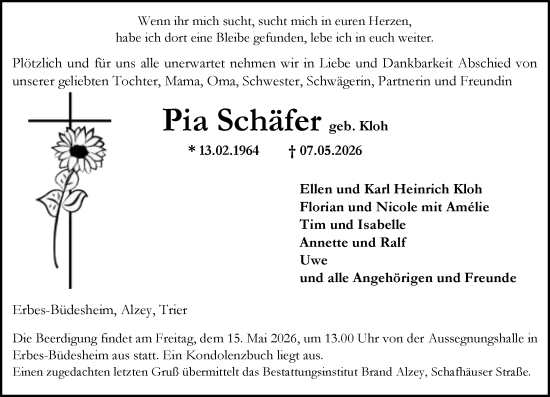 Traueranzeige von Pia Schäfer von Allgemeine Zeitung Alzey