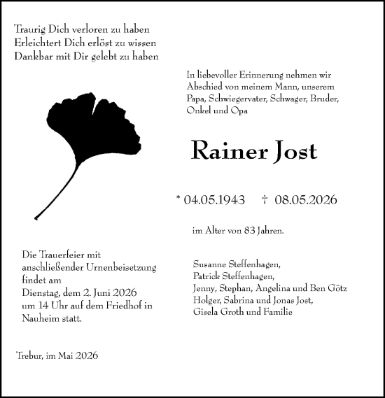 Traueranzeige von Rainer Jost von Groß-Gerauer Echo