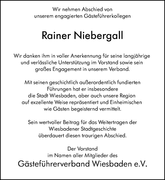 Traueranzeige von Rainer Niebergall von Wiesbadener Kurier