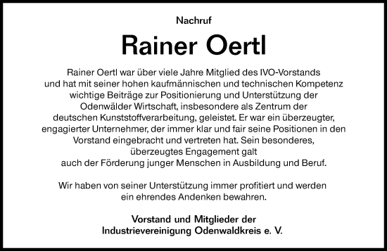 Traueranzeige von Rainer Oertl von Odenwälder Echo