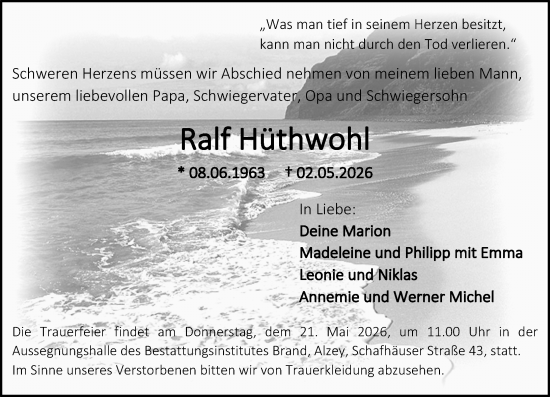 Traueranzeige von Ralf Hüthwohl von Allgemeine Zeitung Alzey