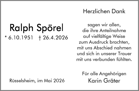 Traueranzeige von Ralph Spörel von Rüsselsheimer Echo
