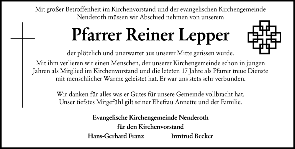  Traueranzeige für Reiner Lepper vom 27.05.2026 aus Dill Block
