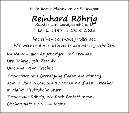 Traueranzeige von Reinhard Röhrig von Allgemeine Zeitung Mainz