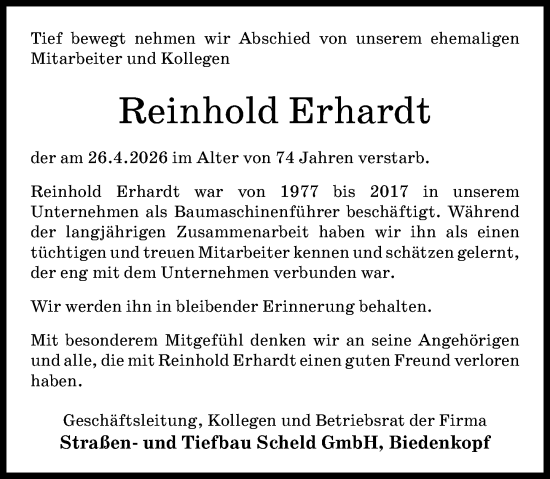 Traueranzeige von Reinhold Erhardt von Hinterländer Anzeiger