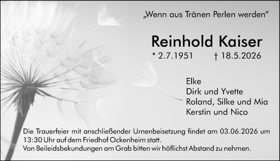 Traueranzeige von Reinhold Kaiser von Binger-/Ingelheimer Wochenblatt
