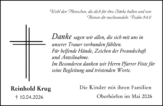 Traueranzeige von Reinhold Krug von Hinterländer Anzeiger