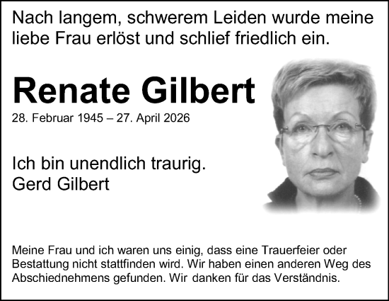 Traueranzeige von Renate Gilbert von Allgemeine Zeitung Alzey