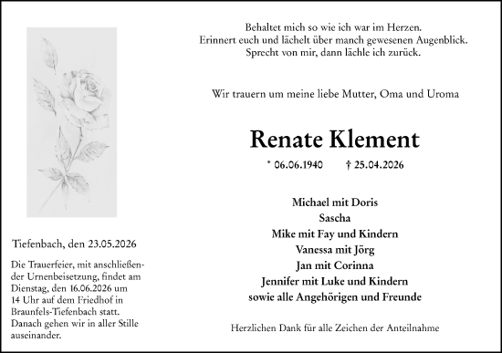 Traueranzeige von Renate Klement von Wetzlarer Neue Zeitung