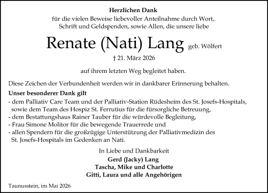 Traueranzeige von Renate Lang von Wiesbadener Kurier