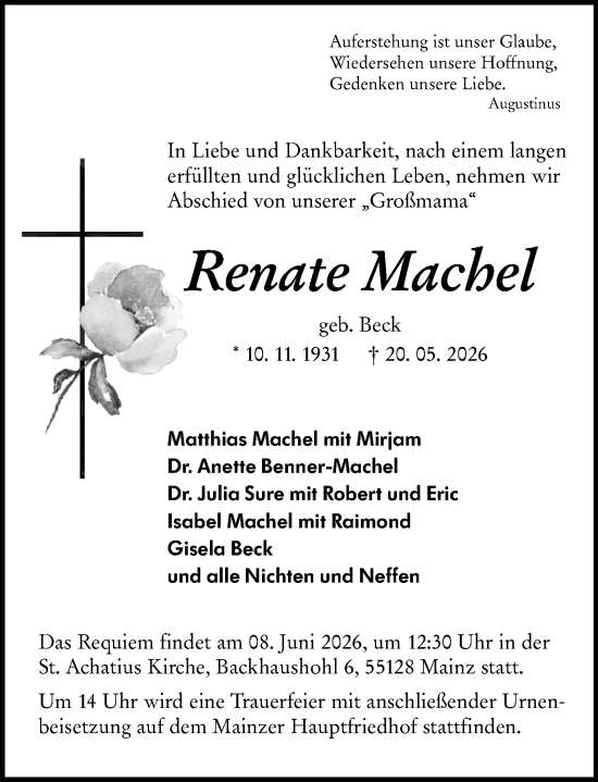 Traueranzeige von Renate Machel von Allgemeine Zeitung Mainz