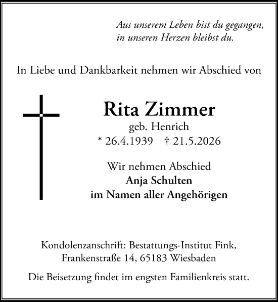 Traueranzeige von Rita Zimmer von Wiesbadener Kurier