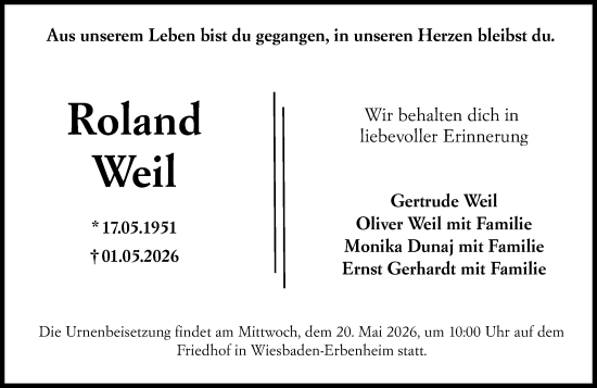 Traueranzeige von Roland Weil von Wiesbadener Kurier