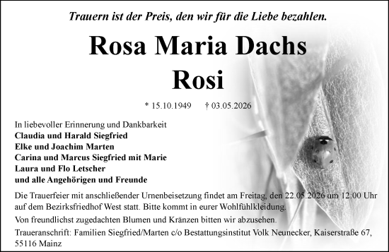 Traueranzeige von Rosa Maria Dachs von Allgemeine Zeitung Mainz
