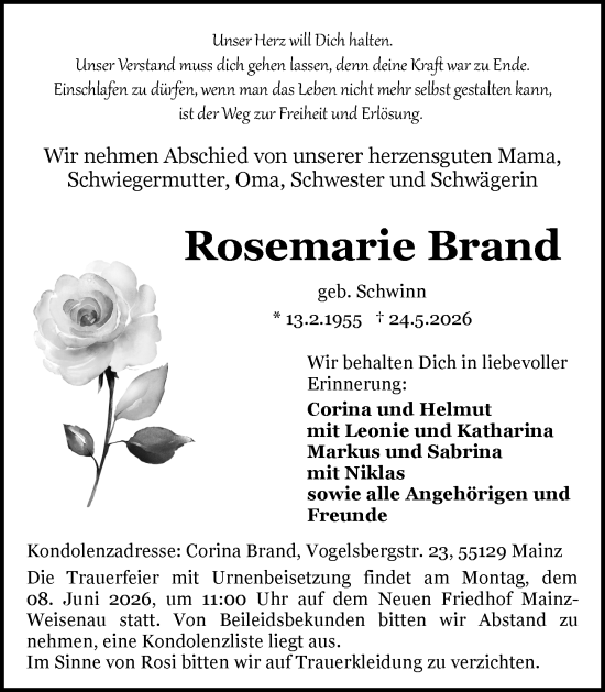 Traueranzeige von Rosemarie Brand von Allgemeine Zeitung Mainz