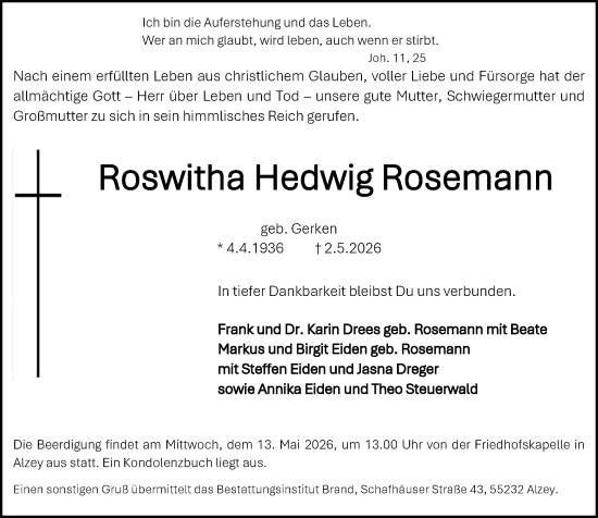 Traueranzeige von Roswitha Hedwig Rosemann von Allgemeine Zeitung Alzey