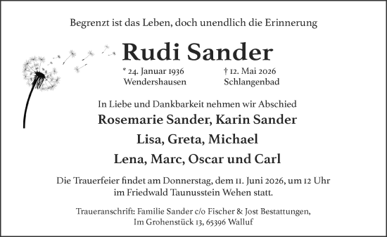 Traueranzeige von Rudi Sander von Idsteiner Land/Untertaunus
