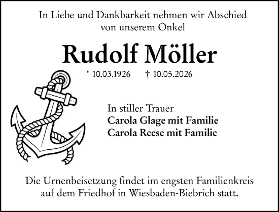 Traueranzeige von Rudolf Möller von Wiesbadener Kurier