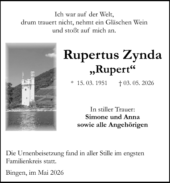 Traueranzeige von Rupertus Zynda von Binger-/Ingelheimer Wochenblatt