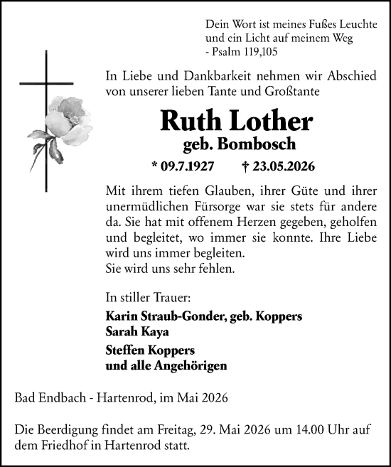 Traueranzeige von Ruth Lother von Hinterländer Anzeiger