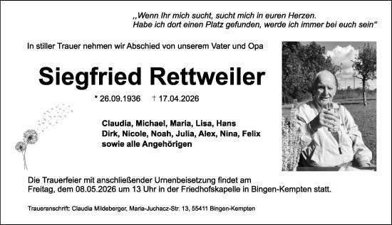 Traueranzeige von Siegfried Rettweiler von Binger-/Ingelheimer Wochenblatt