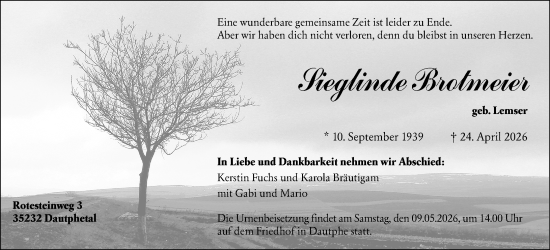 Traueranzeige von Sieglinde Brotmeier von Hinterländer Anzeiger