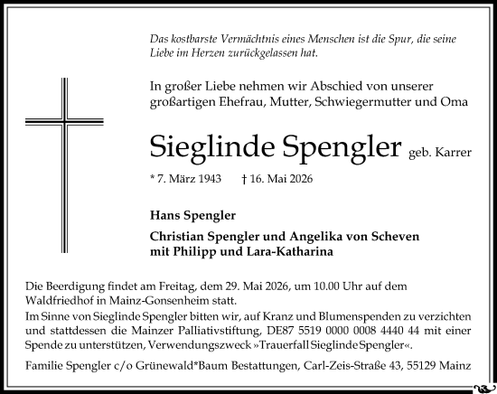 Traueranzeige von Sieglinde Spengler von Allgemeine Zeitung Mainz