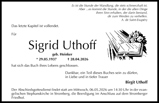 Traueranzeige von Sigrid Uthoff von Allgemeine Zeitung Rheinhessen-Nahe
