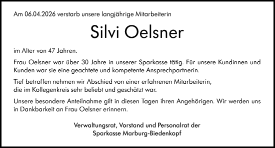Traueranzeige von Silvi Oelsner von Hinterländer Anzeiger