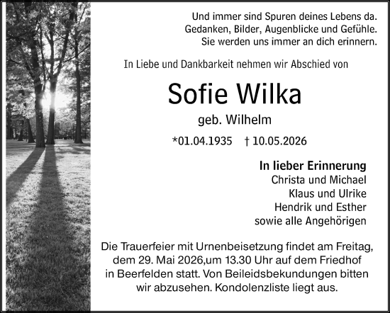 Traueranzeige von Sofie Wilka von Odenwälder Echo