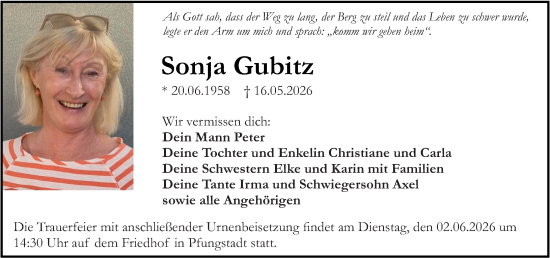 Traueranzeige von Sonja Gubitz von Darmstädter Echo