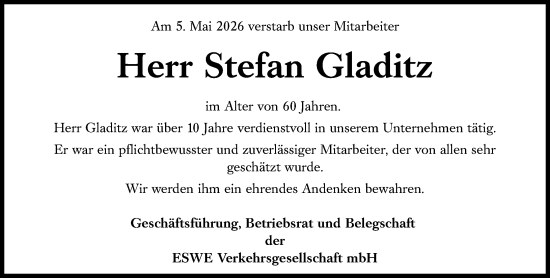 Traueranzeige von Stefan Gladitz von Wiesbadener Kurier