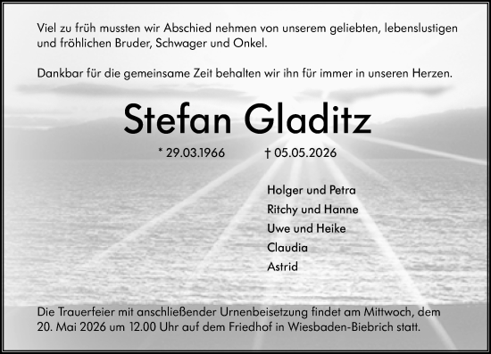 Traueranzeige von Stefan Gladitz von Wiesbadener Kurier