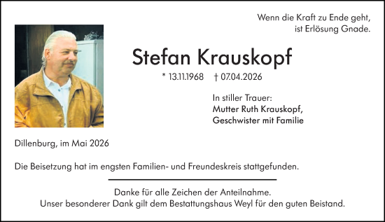 Traueranzeige von Stefan Krauskopf von Dill Block