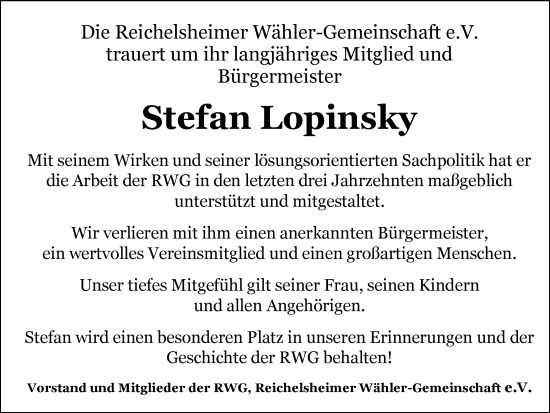 Traueranzeige von Stefan Lopinsky von Odenwälder Echo