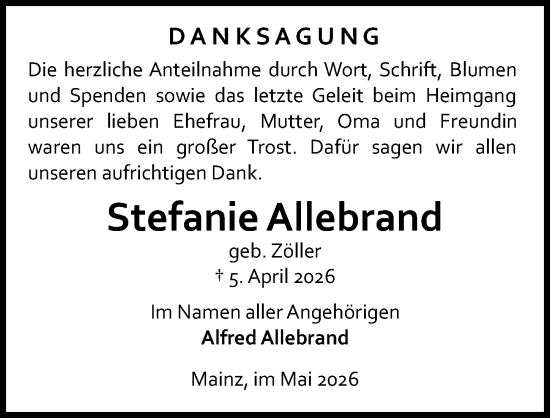 Traueranzeige von Stefanie Allebrand von Allgemeine Zeitung Mainz