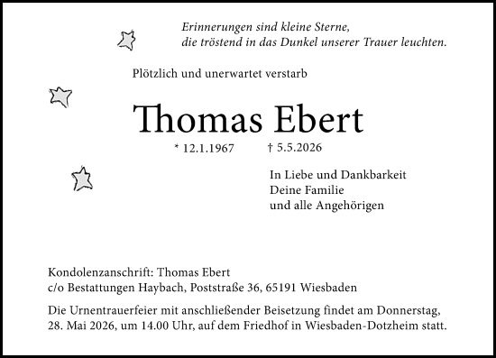 Traueranzeige von Thomas Ebert von Wiesbadener Kurier