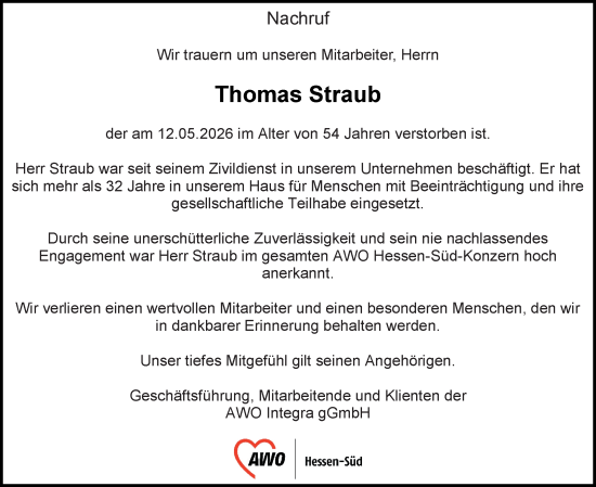 Traueranzeige von Thomas Straub von Odenwälder Echo