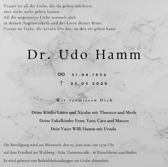 Traueranzeige von Udo Hamm von Rüsselsheimer Echo