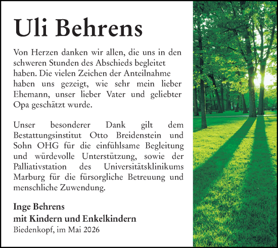 Traueranzeige von Uli Behrens von Hinterländer Anzeiger