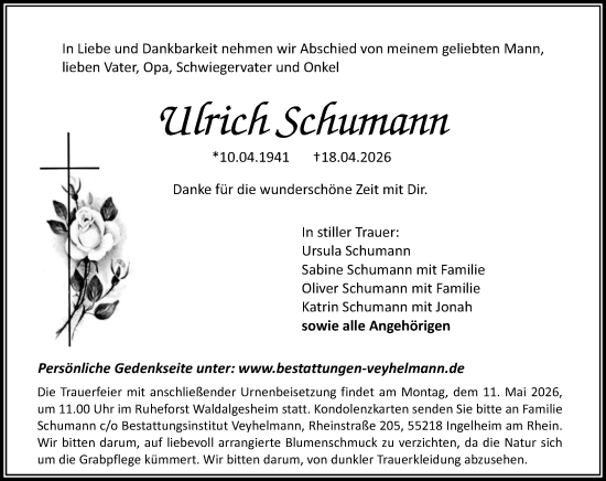 Traueranzeige von Ulrich Schumann von Allgemeine Zeitung Rheinhessen-Nahe