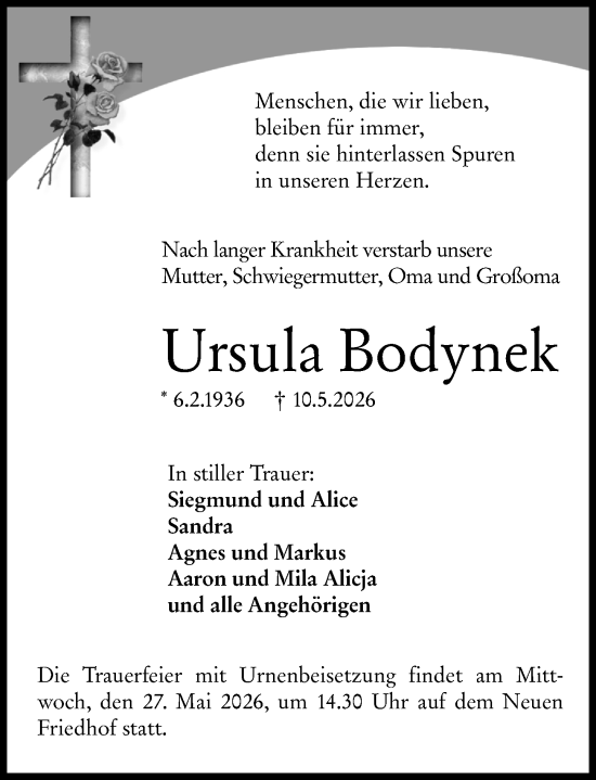 Traueranzeige von Ursula Bodynek von Hochheimer Zeitung