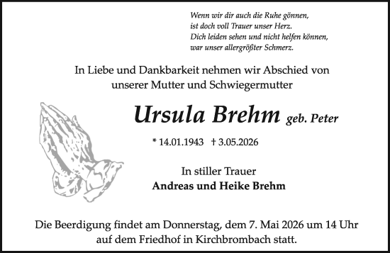 Traueranzeige von Ursula Brehm von Odenwälder Echo