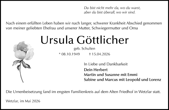 Traueranzeige von Ursula Göttlicher von Wetzlarer Neue Zeitung