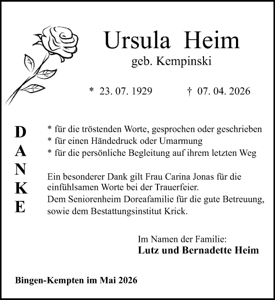 Traueranzeige von Ursula Heim von Binger-/Ingelheimer Wochenblatt