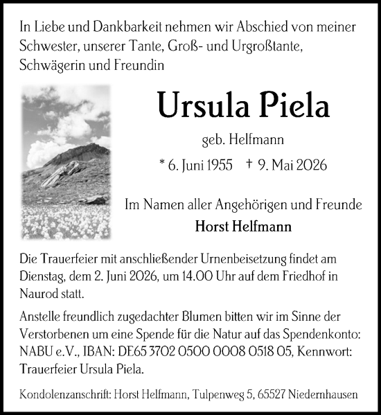 Traueranzeige von Ursula Piela von Wiesbadener Kurier