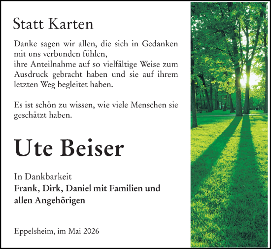 Traueranzeige von Ute Beiser von Allgemeine Zeitung Alzey