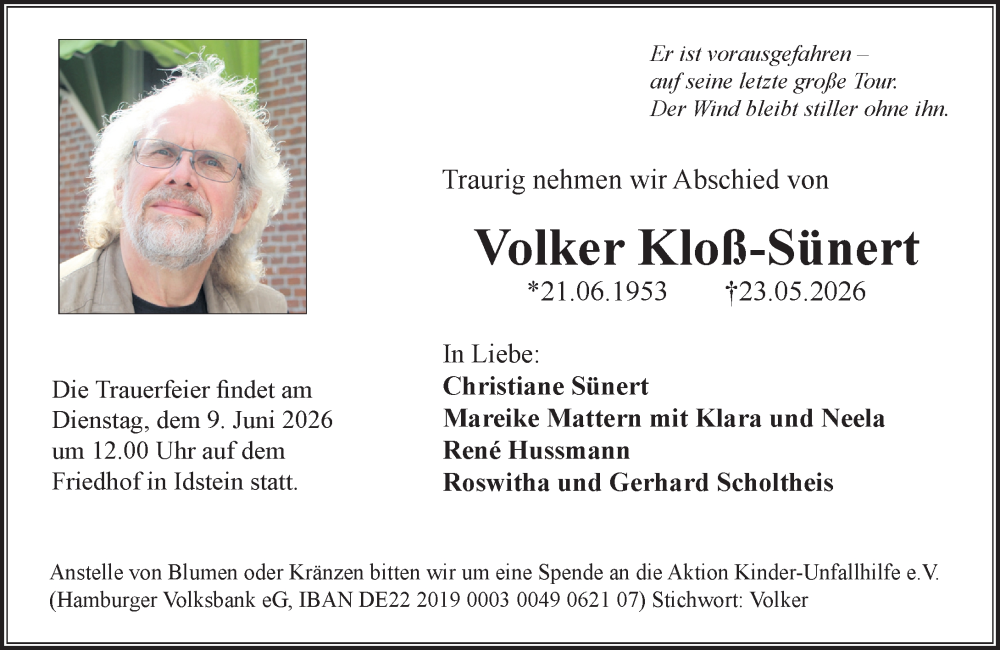  Traueranzeige für Volker Kloß-Sünert vom 30.05.2026 aus Wiesbadener Kurier
