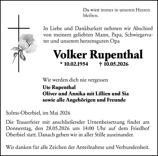 Traueranzeige von Volker Rupenthal von Wetzlarer Neue Zeitung