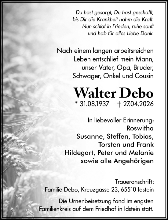 Traueranzeige von Walter Debo von Idsteiner Land/Untertaunus
